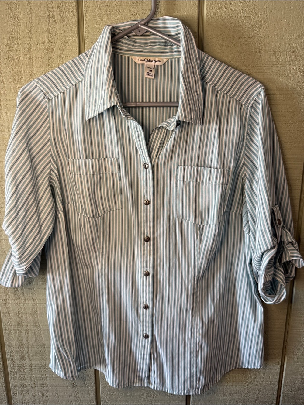 croft & barrow Blue and White Striped Roll-Tab Button Shirt